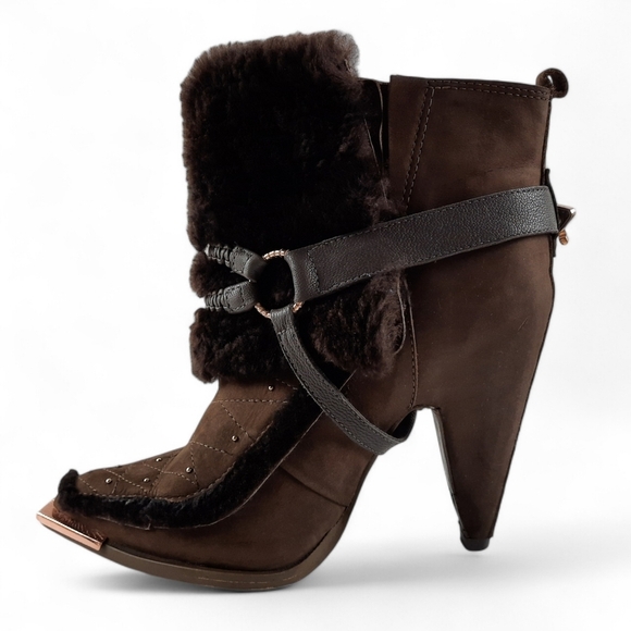 IVY KIRZHNER Shearling Rose Gold Harness Stud Leather Olive Brown Heeled Boot 8 - Picture 2 of 14